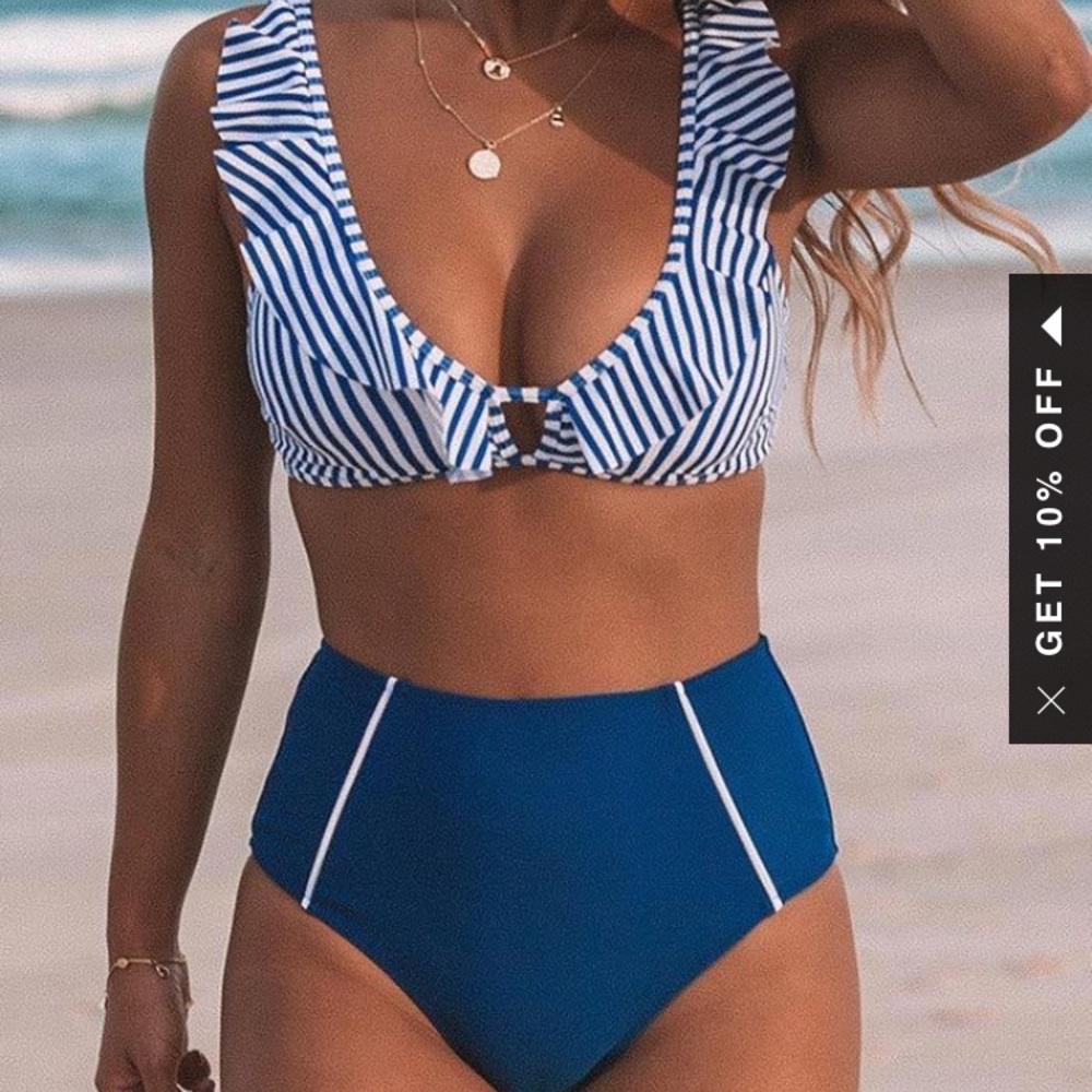 High waisted blue & white strip swimsuit
